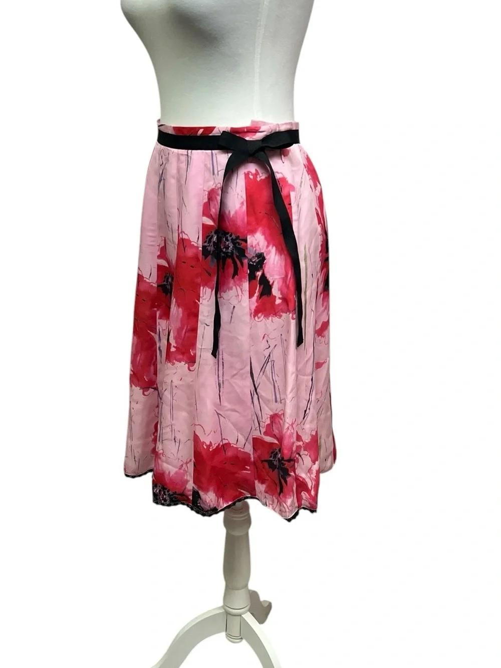 Floral Pink & Red Circle Skirt with Black Waist Tie